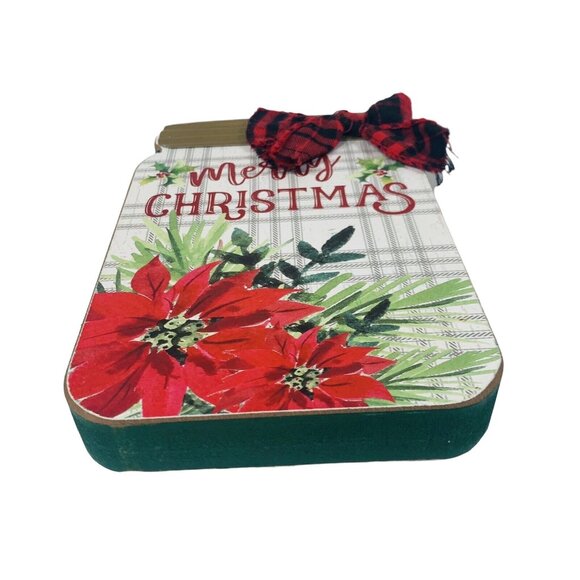 Merry Christmas Mason Jar Wood Sign Rustic Farmhouse Plaid Bow Holiday Decor - Picture 4 of 10